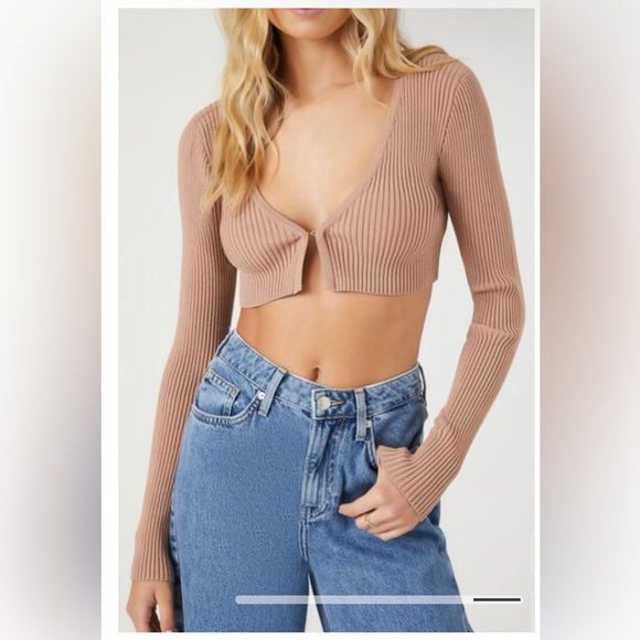 FOREVER 21 Nude Beige Tan Camel Cropped Ribbed Cardigan Sweater Top Shirt Sz M - Picture 6 of 16